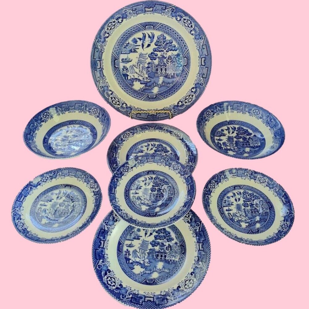 1950's Churchill Blue Willow Wood Ware Wood & Sons England Porcelain China Lot